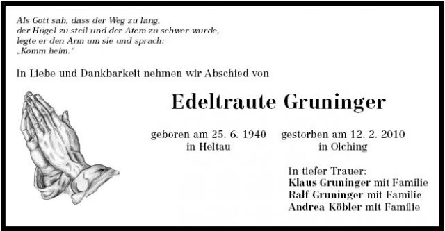 Binder Edeltraute 1940-2010 Todesanzeige